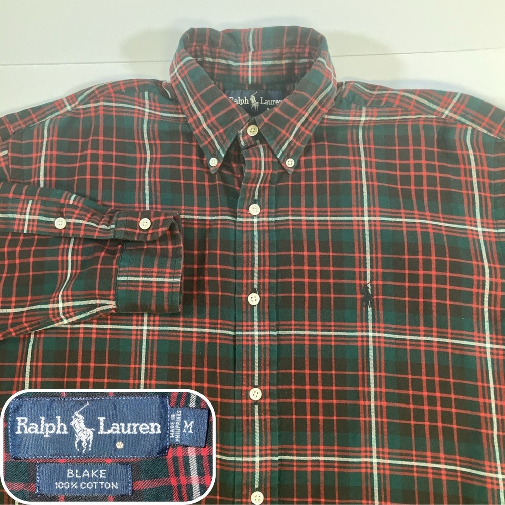 Vintage Polo Ralph Lauren Blake Flannel Shirt Men M Red Green Plaid Relaxed Fit